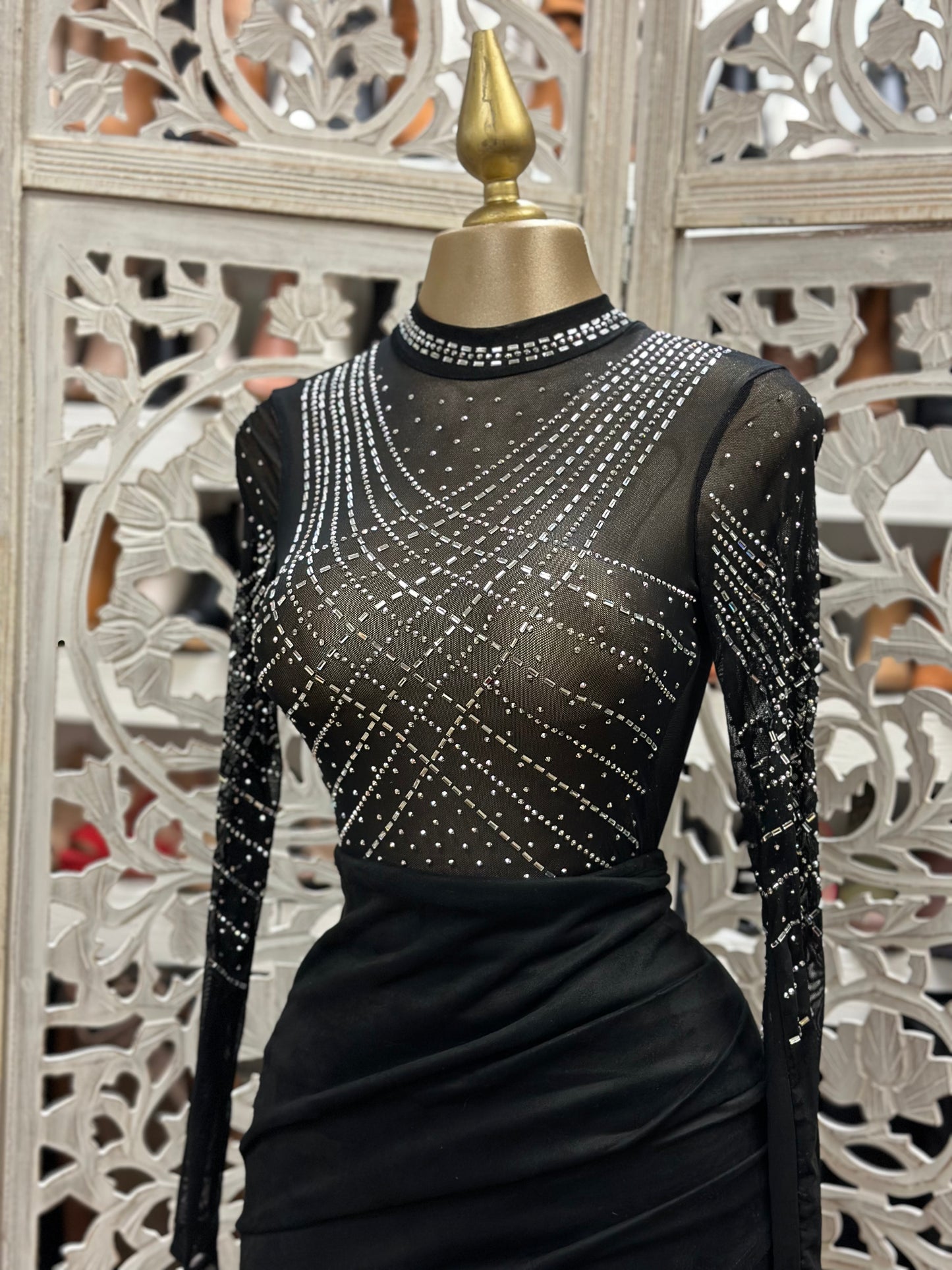 Mesh Rihinestone Pattern Bodysuit