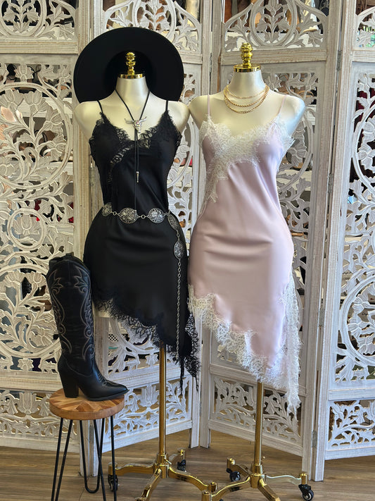 Asymmetrical Lace Slip Dress- Estira, Stretchy