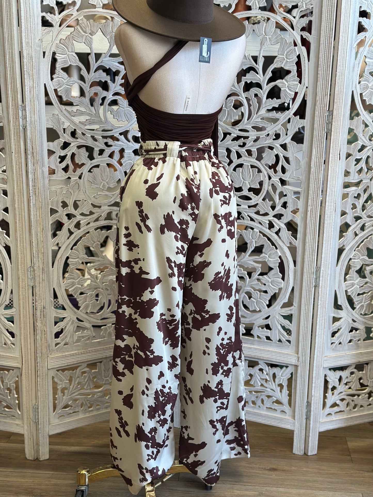 Satin Cow Print wide Leg Pants-  Not Stretchy ,  No Estira