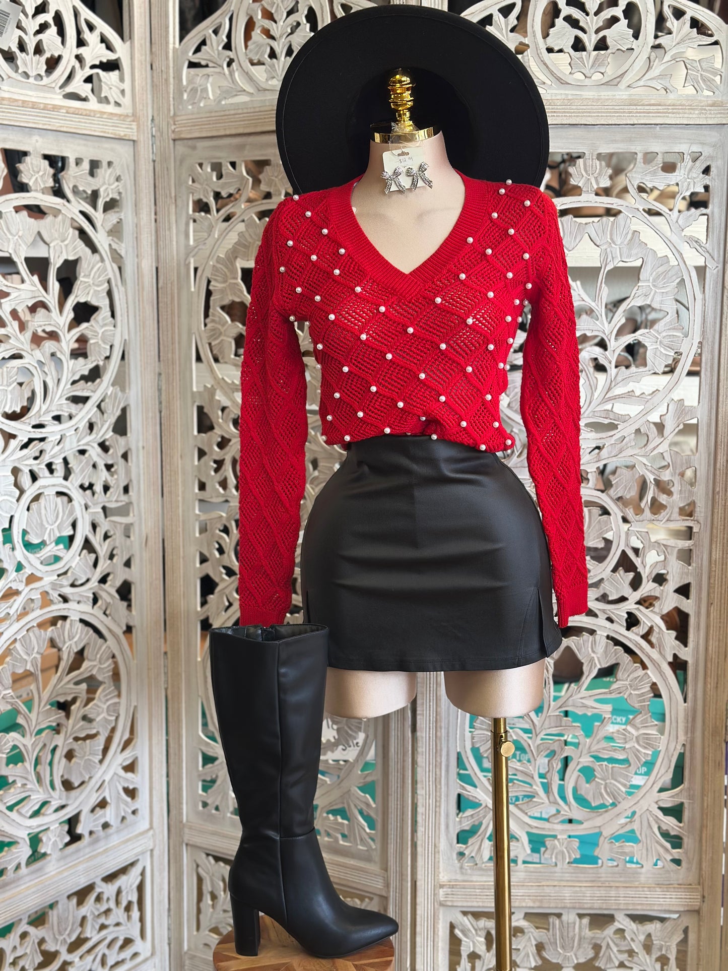 Red Netted Pearl Knit Sweater