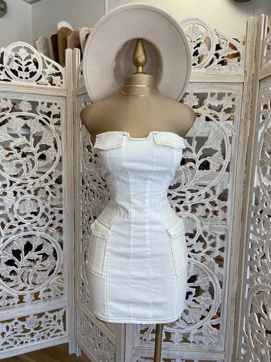 White Denim Strapless Dress