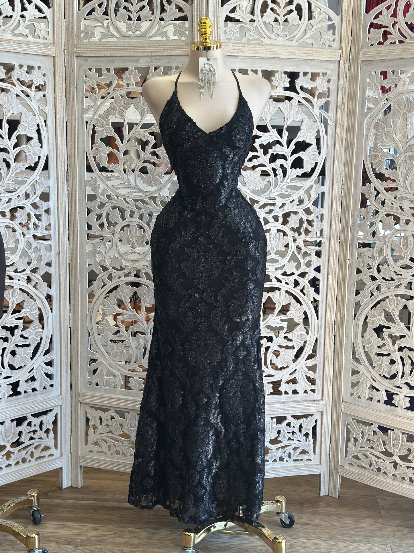 Cross back Glittery Floral Dress- Stretchy,Estira