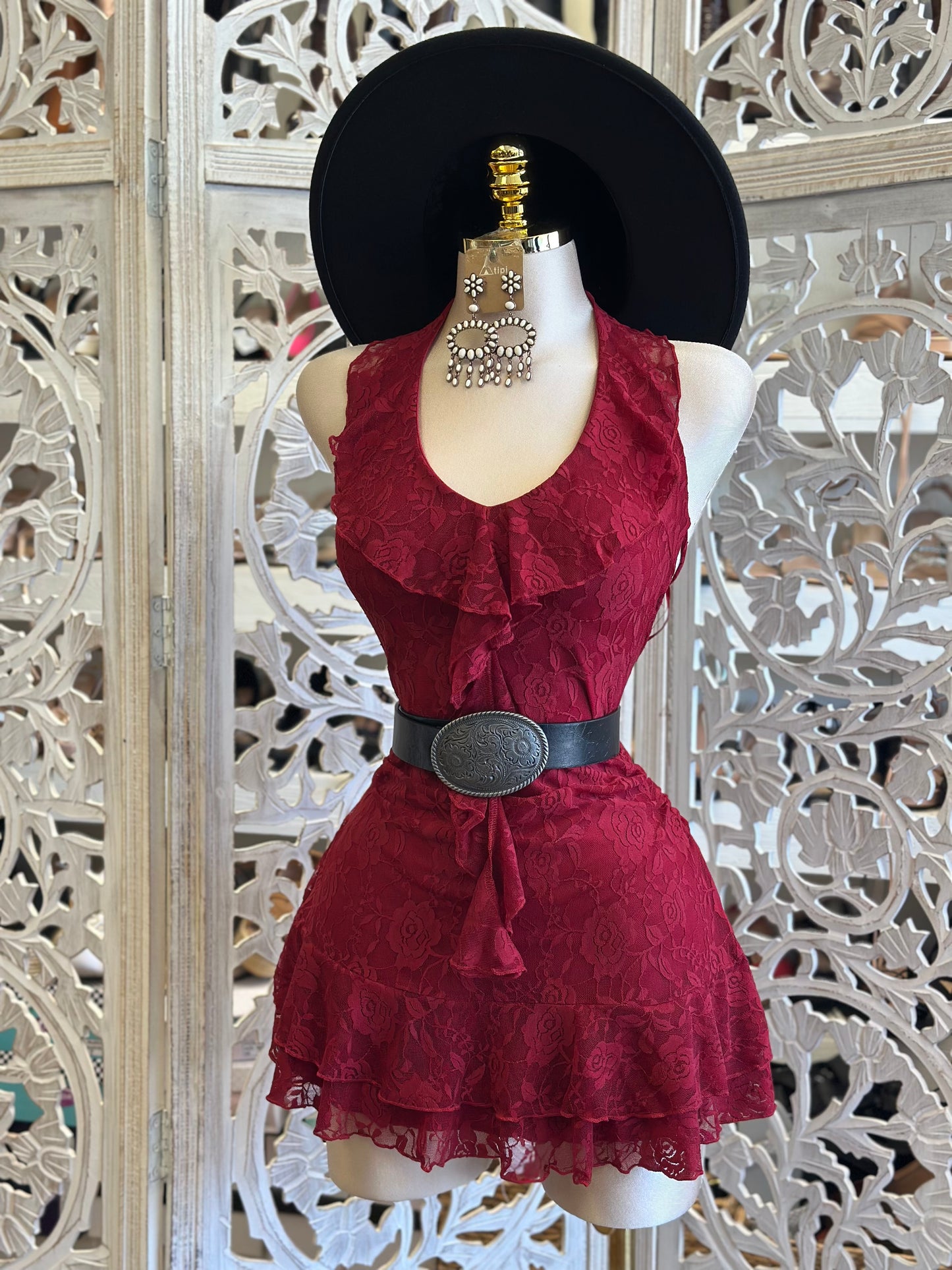 Deep Red Delicate Lace Mini Dress- Estira, Stretchy