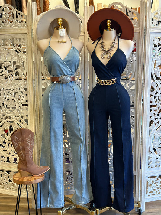 Denim Wrapped Backless Jumpsuit - Estira, Stretchy