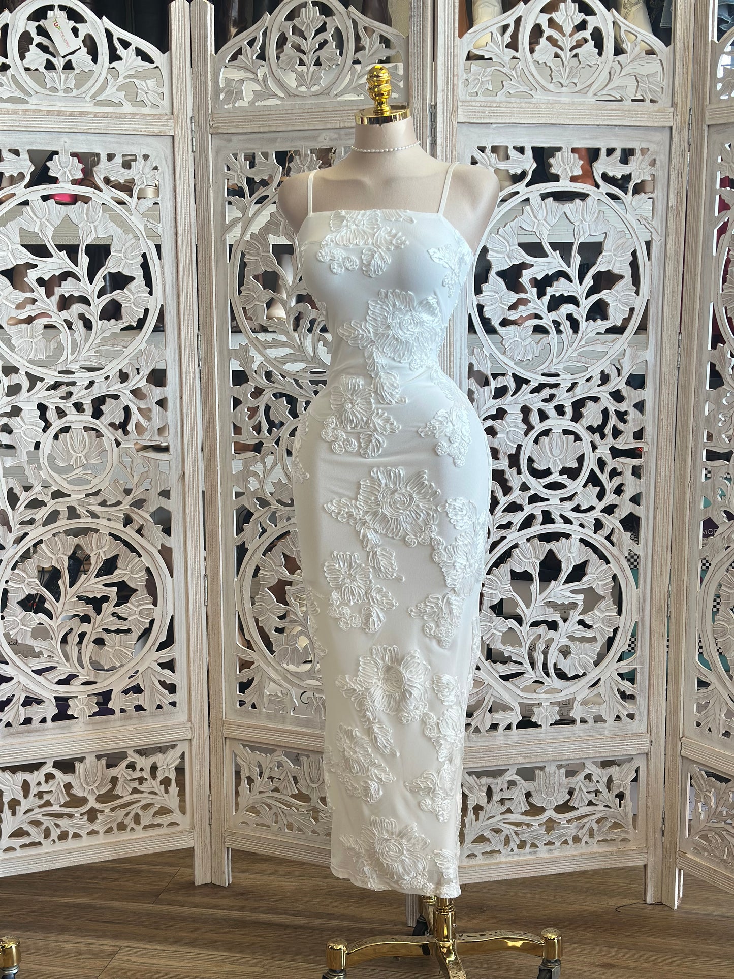 White Square Neck Floral Dress-Stretchy,Estira