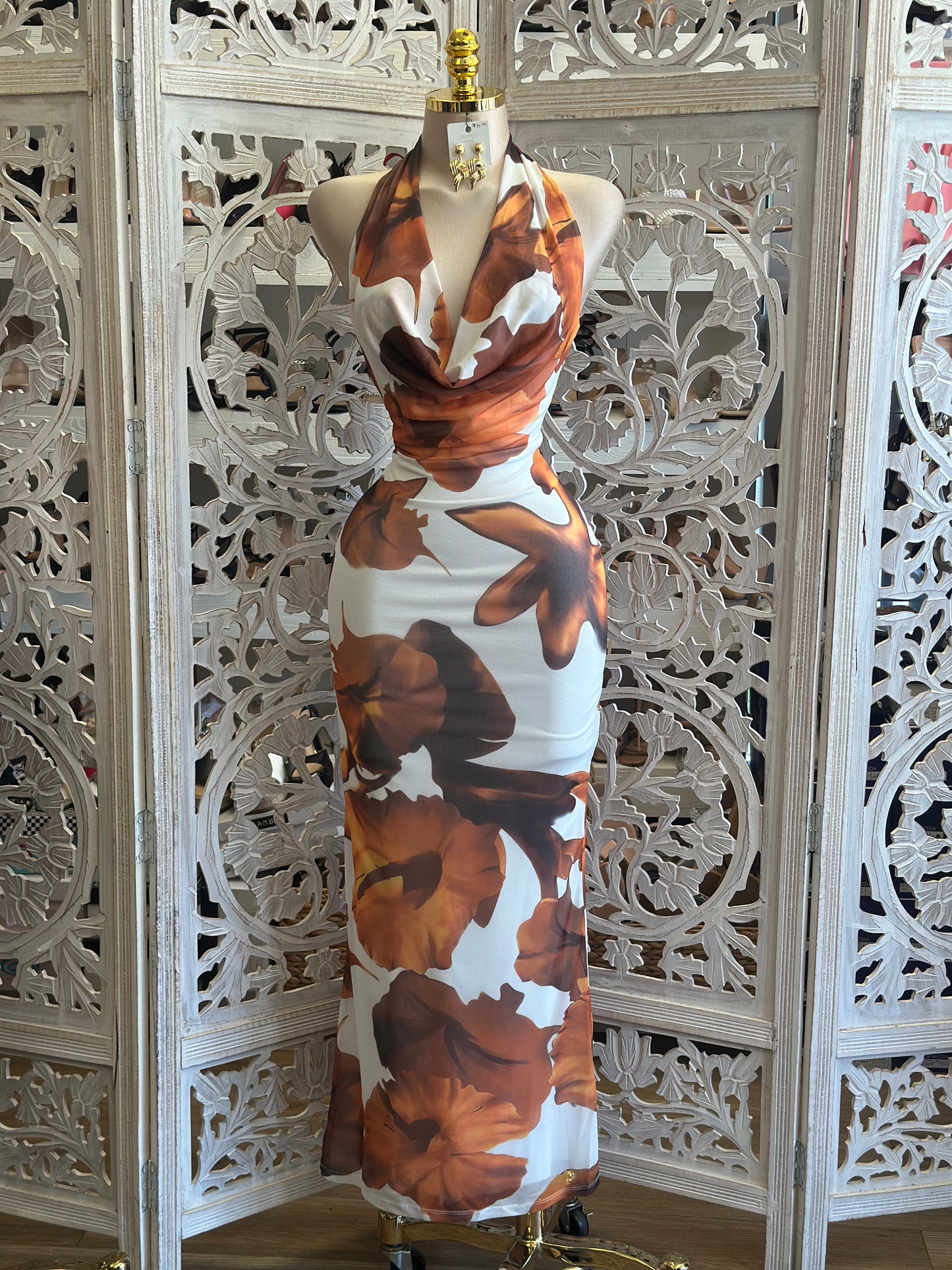 Halter Autumn Colors Floral Dress- Stretchy, Estira
