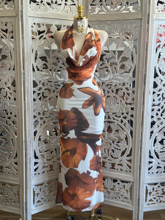 Halter Autumn Colors Floral Dress- Stretchy, Estira