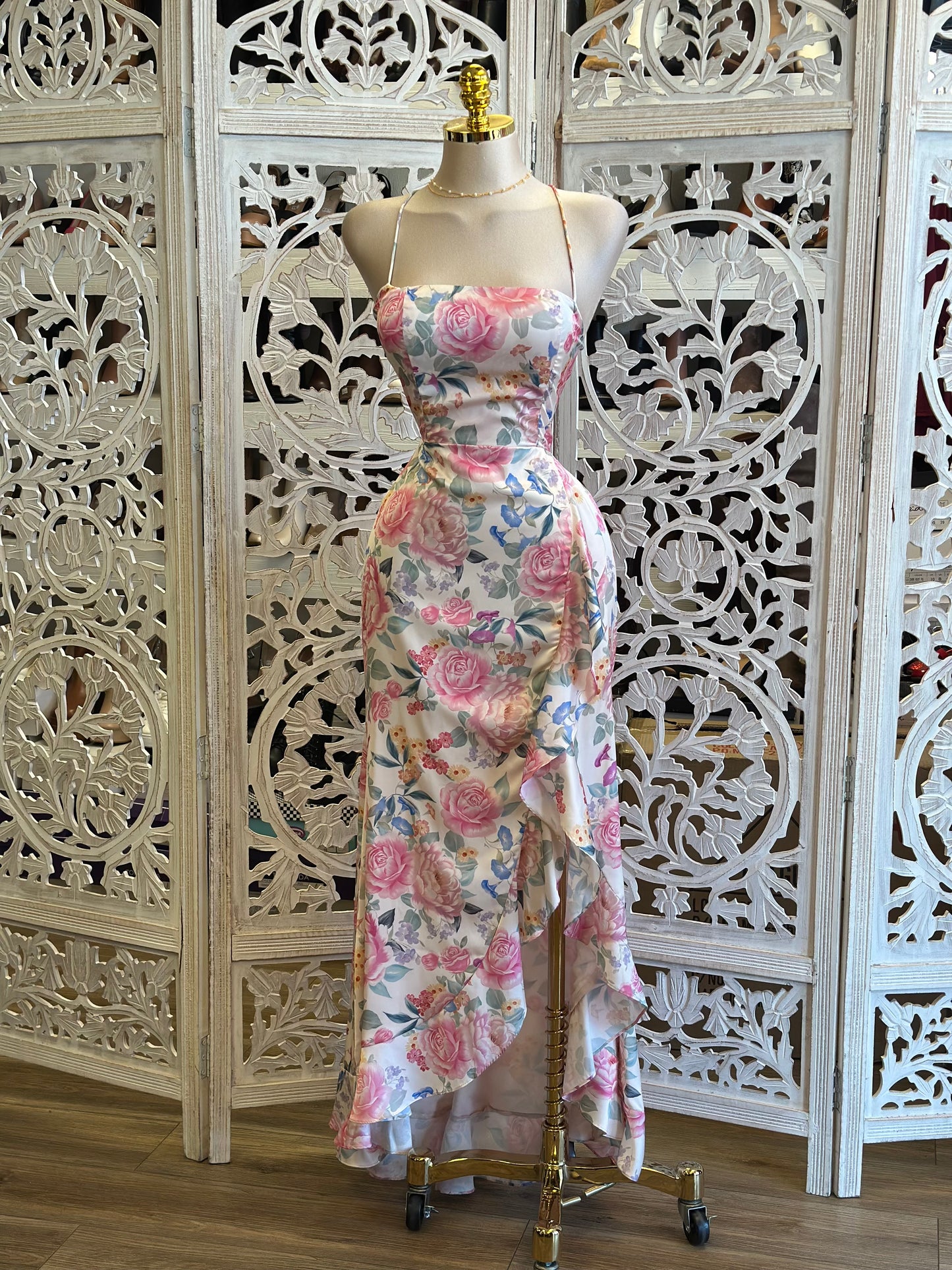 Satin Pink Floral Midi Dress-No Estira, Not Stretchy