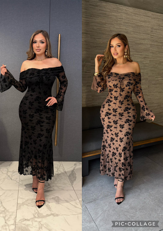 Lace Floral  Dress- Stretchy ,Estira