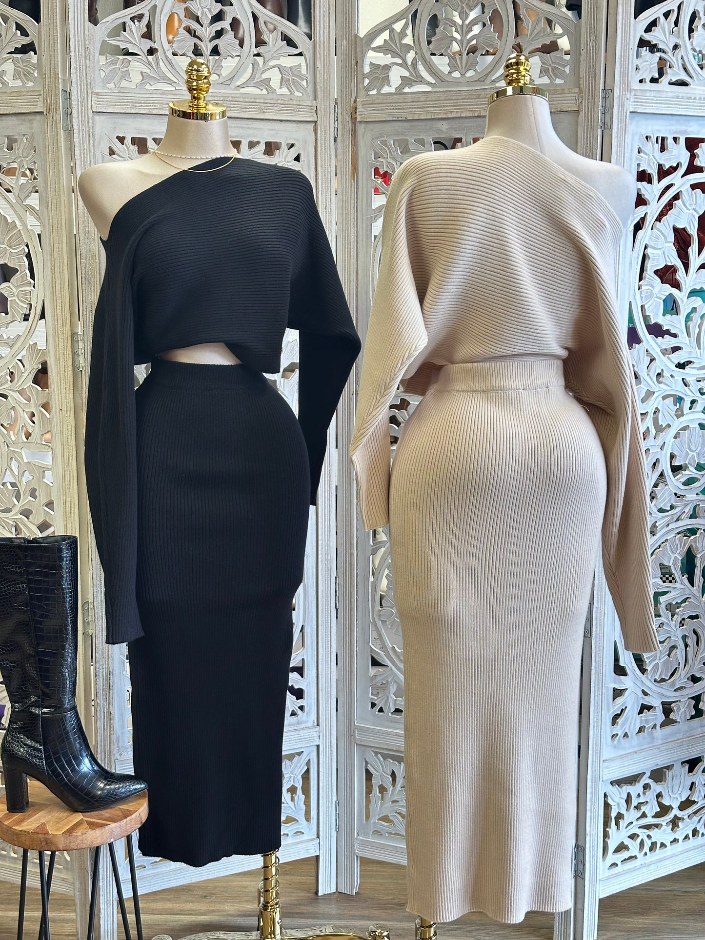 Ribbed Draped Shoulder Sweater  Set- Stretchy,Estira