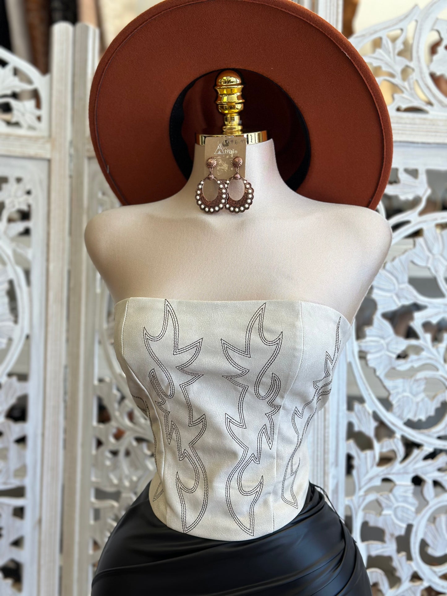 Faux Leather Beige Cream Embroidered Top- No Estira, Not Stretchy