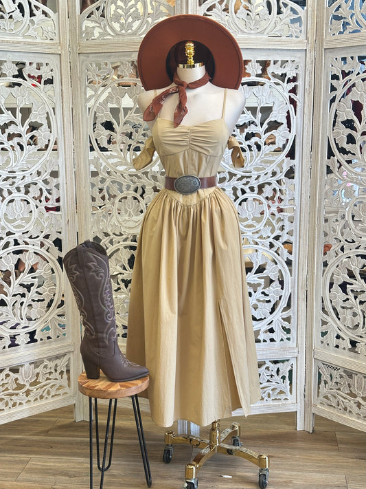 Soft Brown Corset Off Shoulder Midi Dress - Estira Poco, Slightly Stretchy