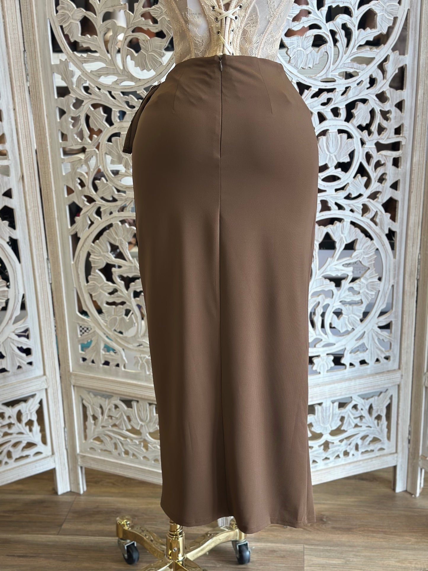 Brown Brass Midi Skirt-  Stretchy , Estira