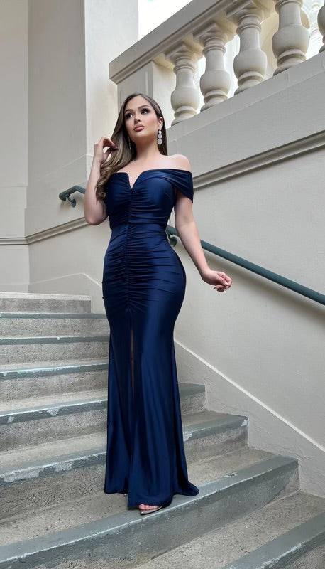 Midnight Blue Heartline Ruched Gown- Slightly Stretchy, Estira