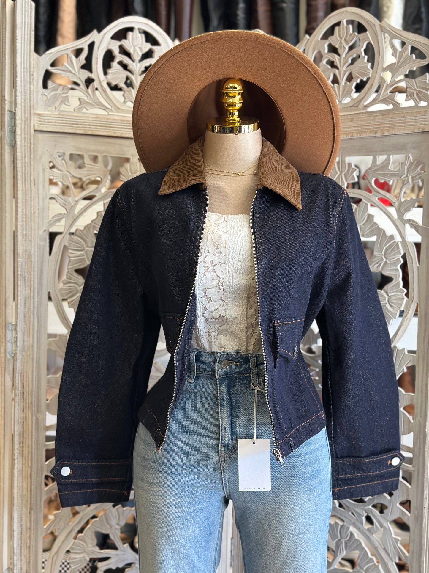 Corduroy Neck Denim Cropped Jacket