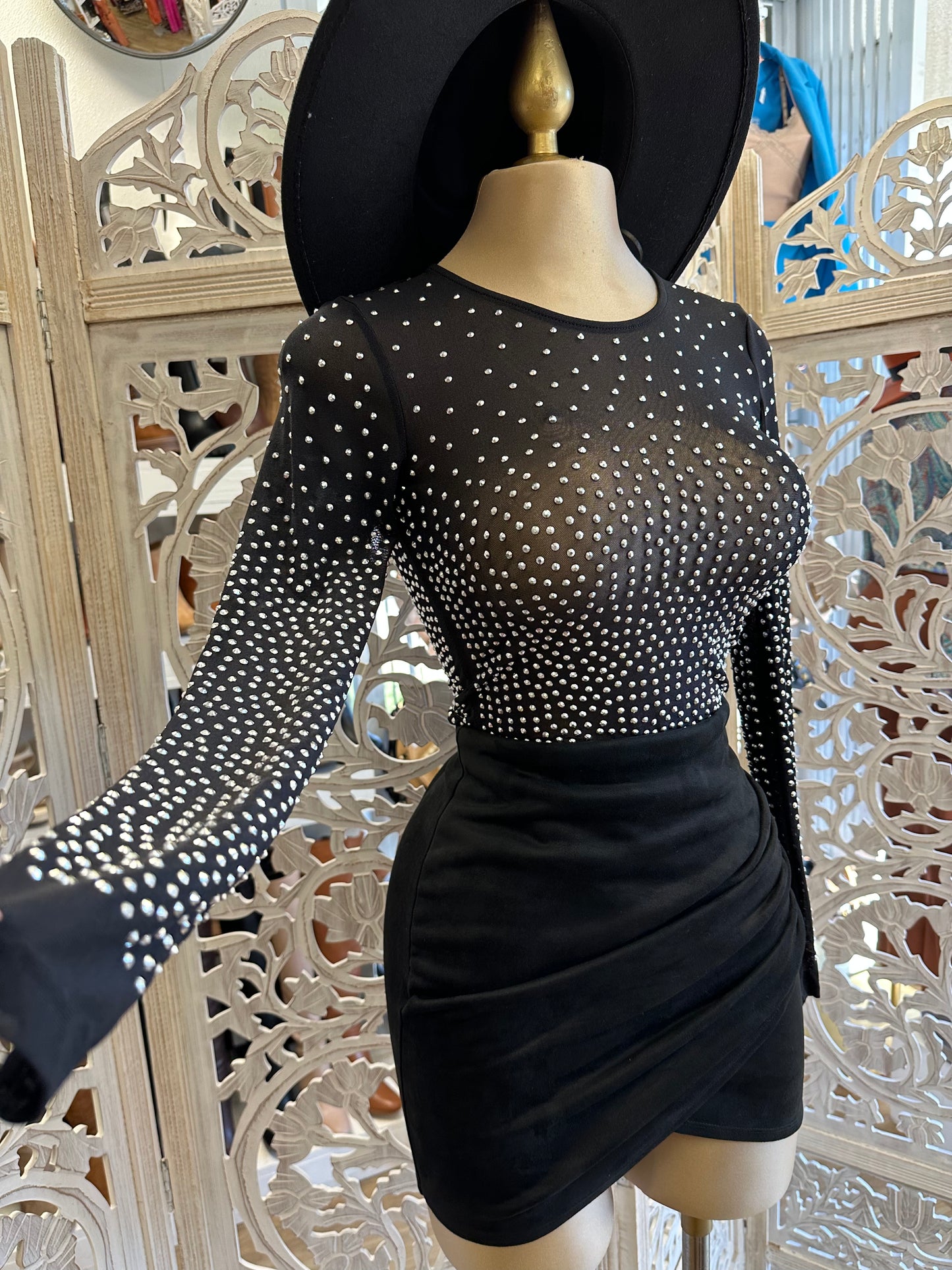 Mesh Rhinestone Detail Bodysuit