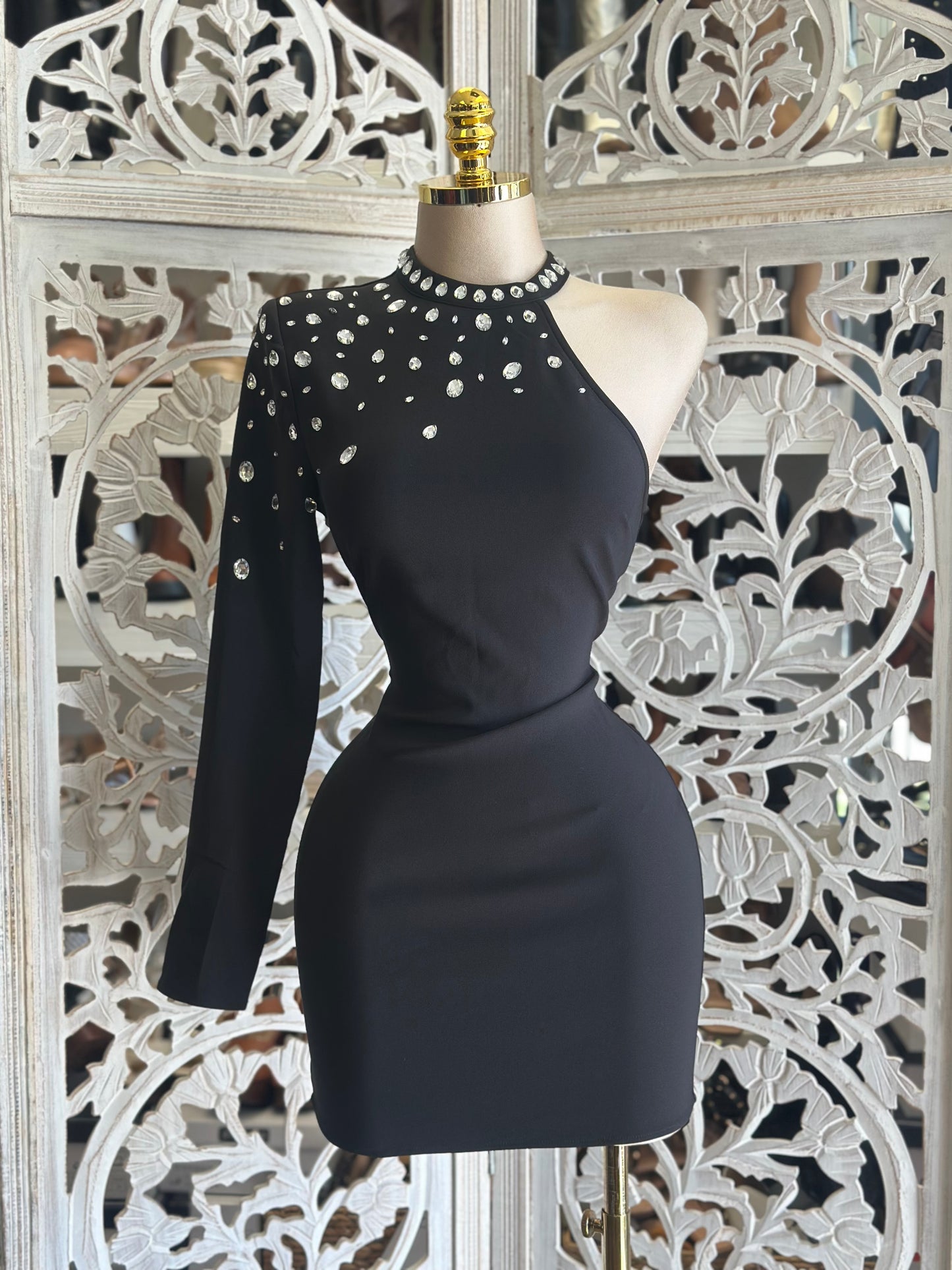 Embellished Black Cutout Mini Dress- Slightly Stretchy,Estira Poco