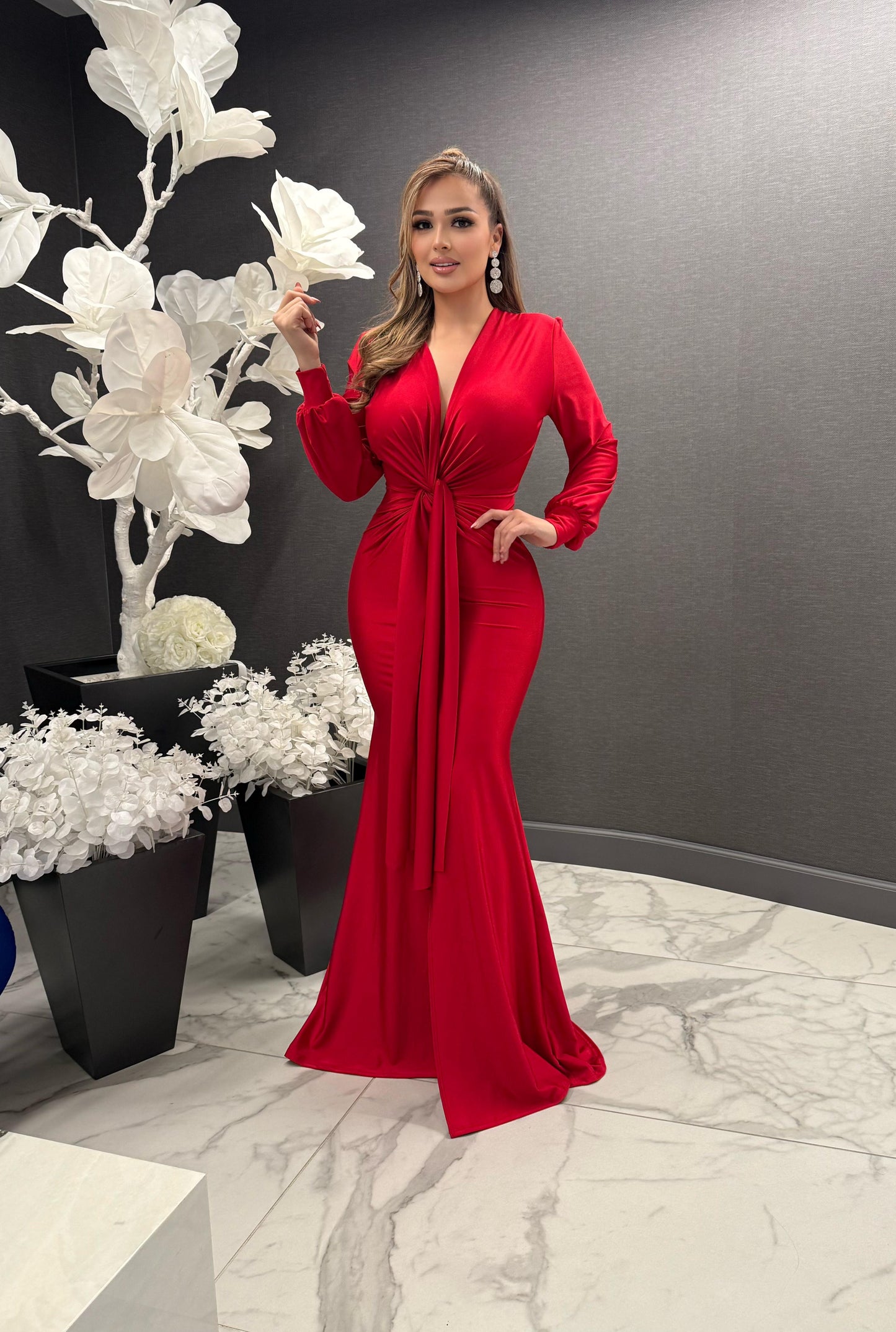 Bright Red Knotted Gown-Stretchy,Estira