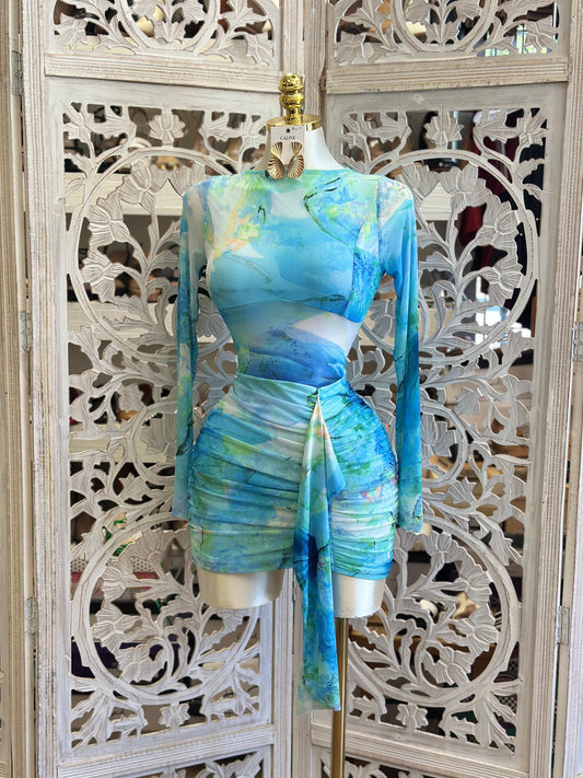 Mesh Blue Dye Mini Dress -Stretchy, Estira