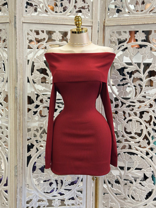 Deep Red Off Shoulder Ribbed Mini Dress- Stretchy,Estira