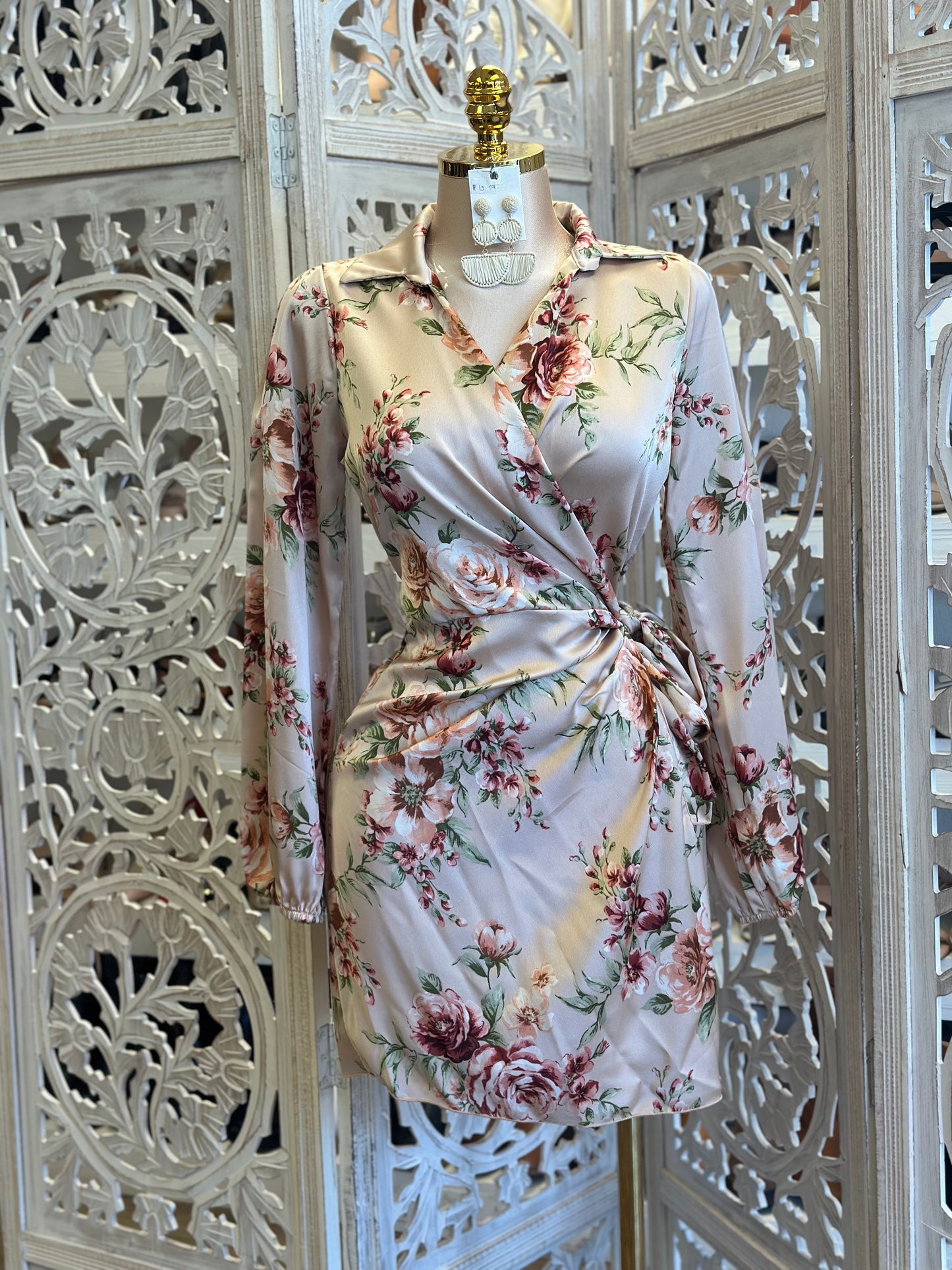 Satin Floral Wrapped Mini Dress- Estira, Stretchy