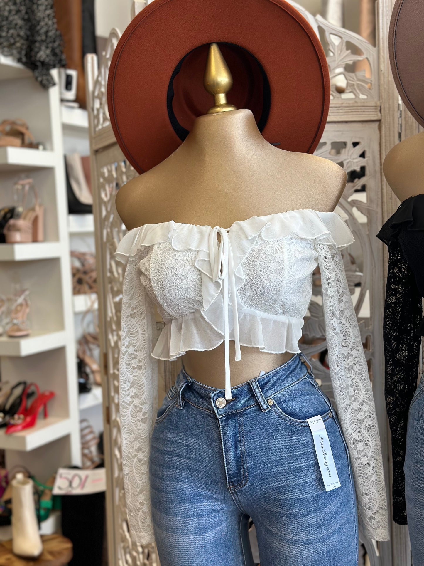 Lace Tie Off Shoulder Cropped Ruffled Blouse