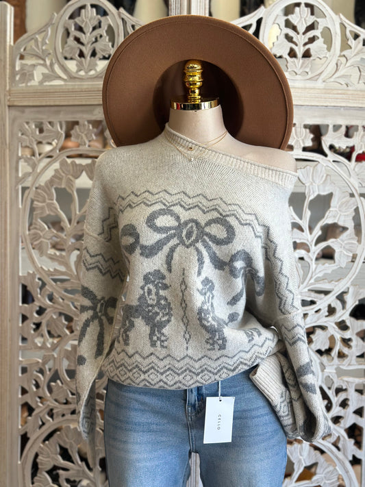 Poodle Light Ivory Off Shoulder Knit Sweater