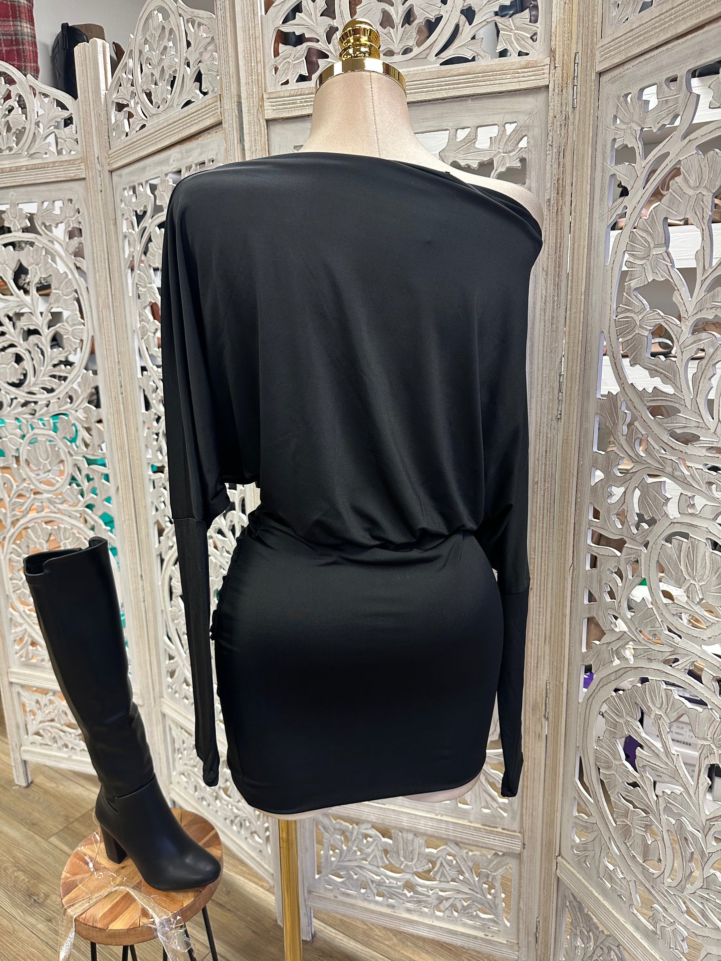 Black Draped Mini Dress- Stretchy,Estira