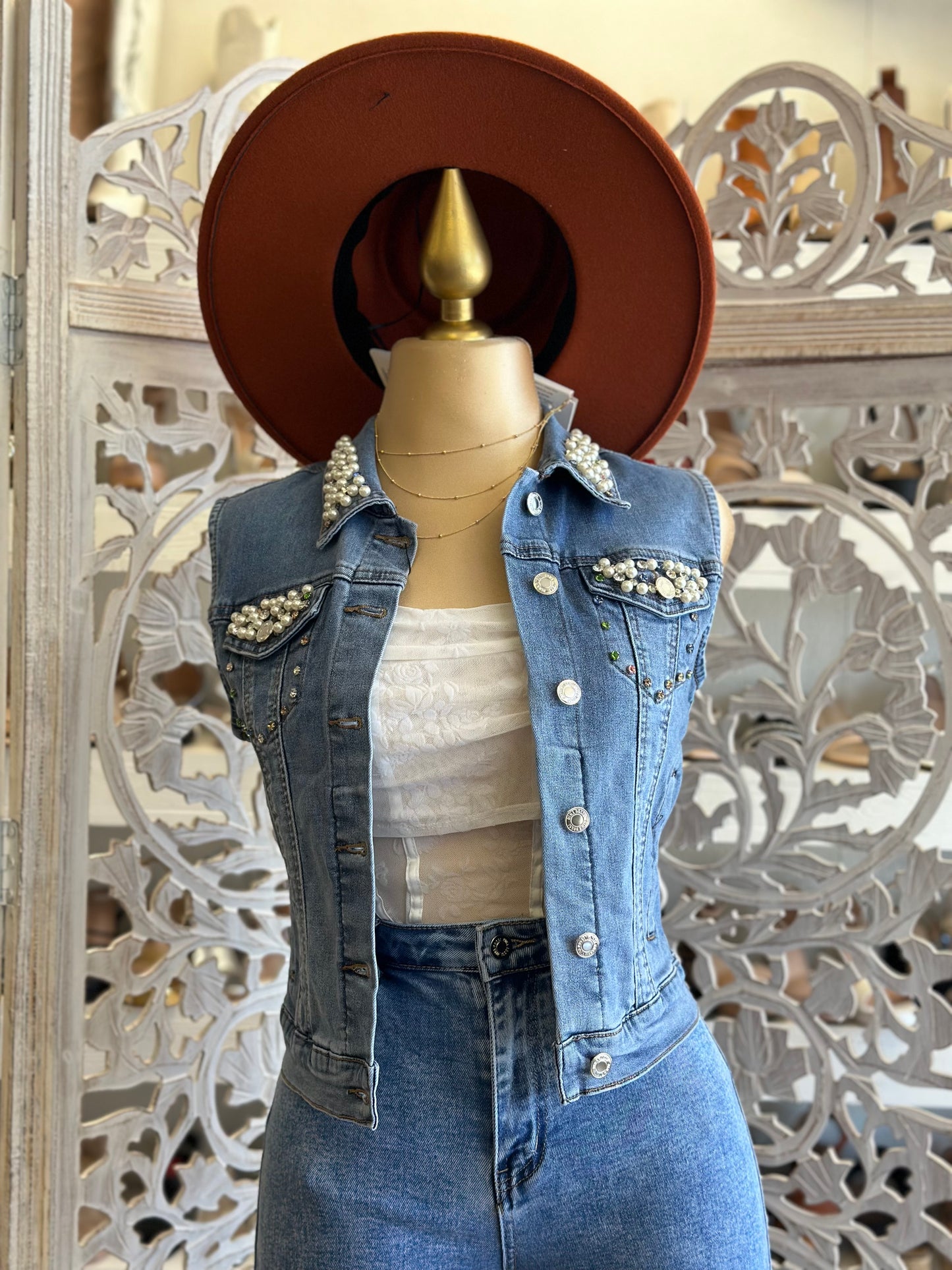 Pearl Detail Denim Vest - Stretchy