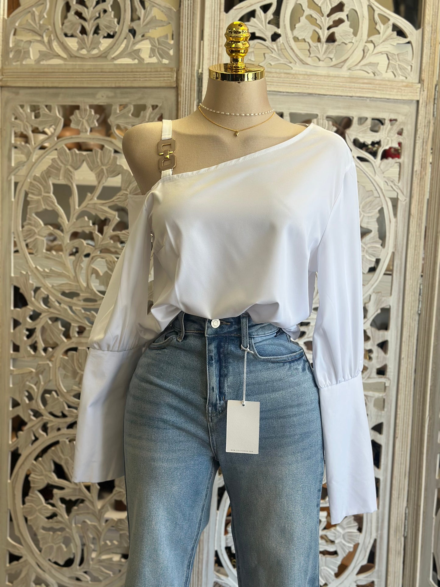 One Shoulder Gold Detail Blouse- No Estira, Not Stretchy