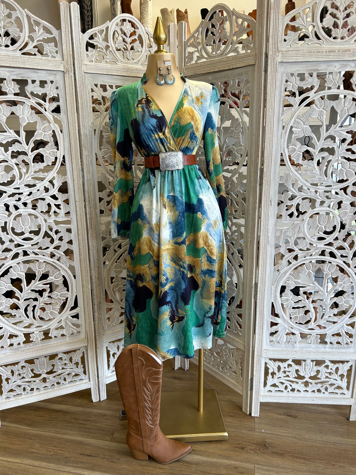 Wrapped Multicolor Green Midi Dress- Not Stretchy