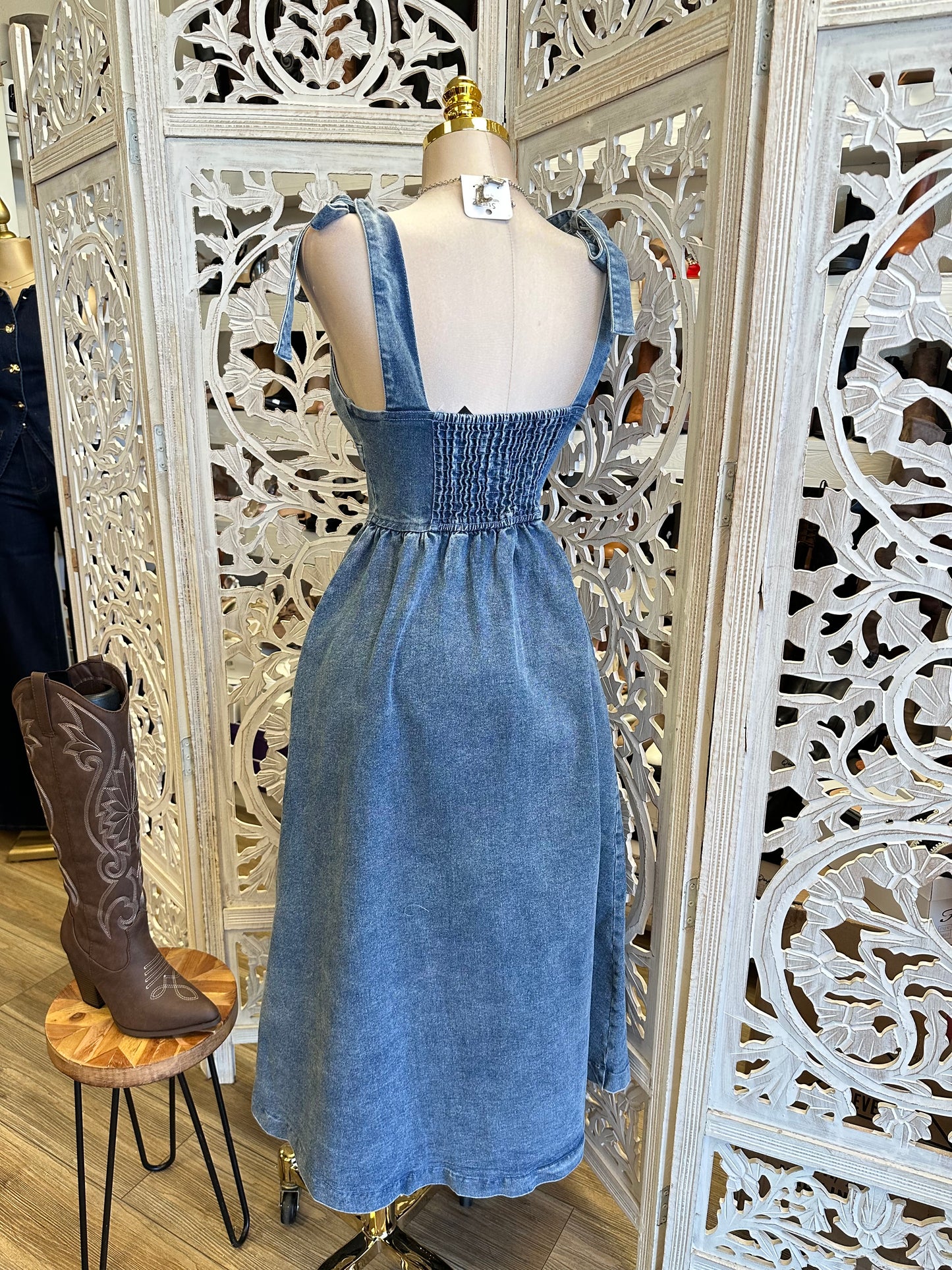 Jean Ribbon Strap Midi Dress-Estira, Stretchy