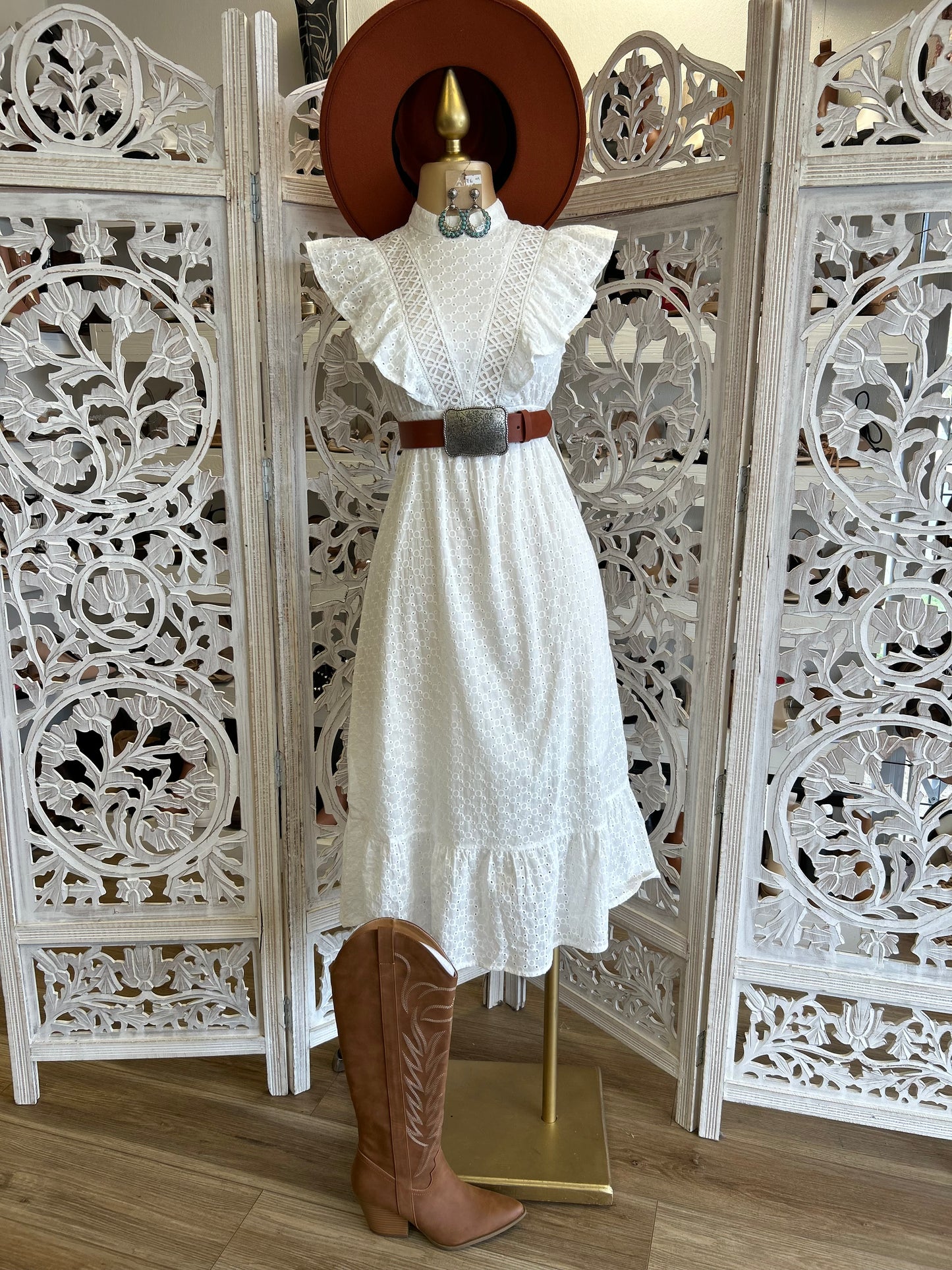 Eyelet Ruffle Midi Dress-  Not Stretchy