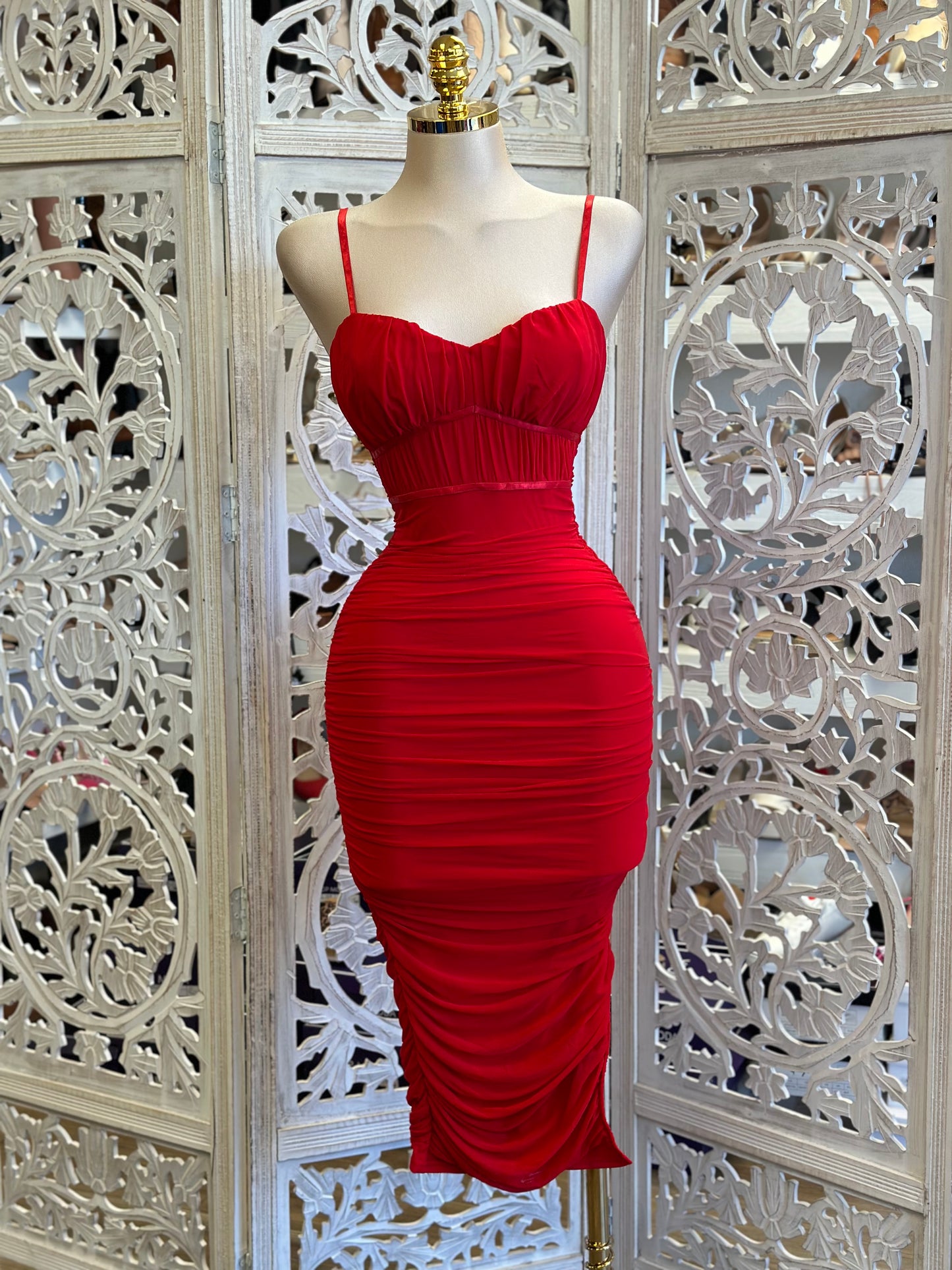 Red Cami Midi Dress- Stretchy, Estira