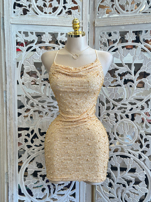 Golden Embellished Mini Dress- Stretchy, Estira
