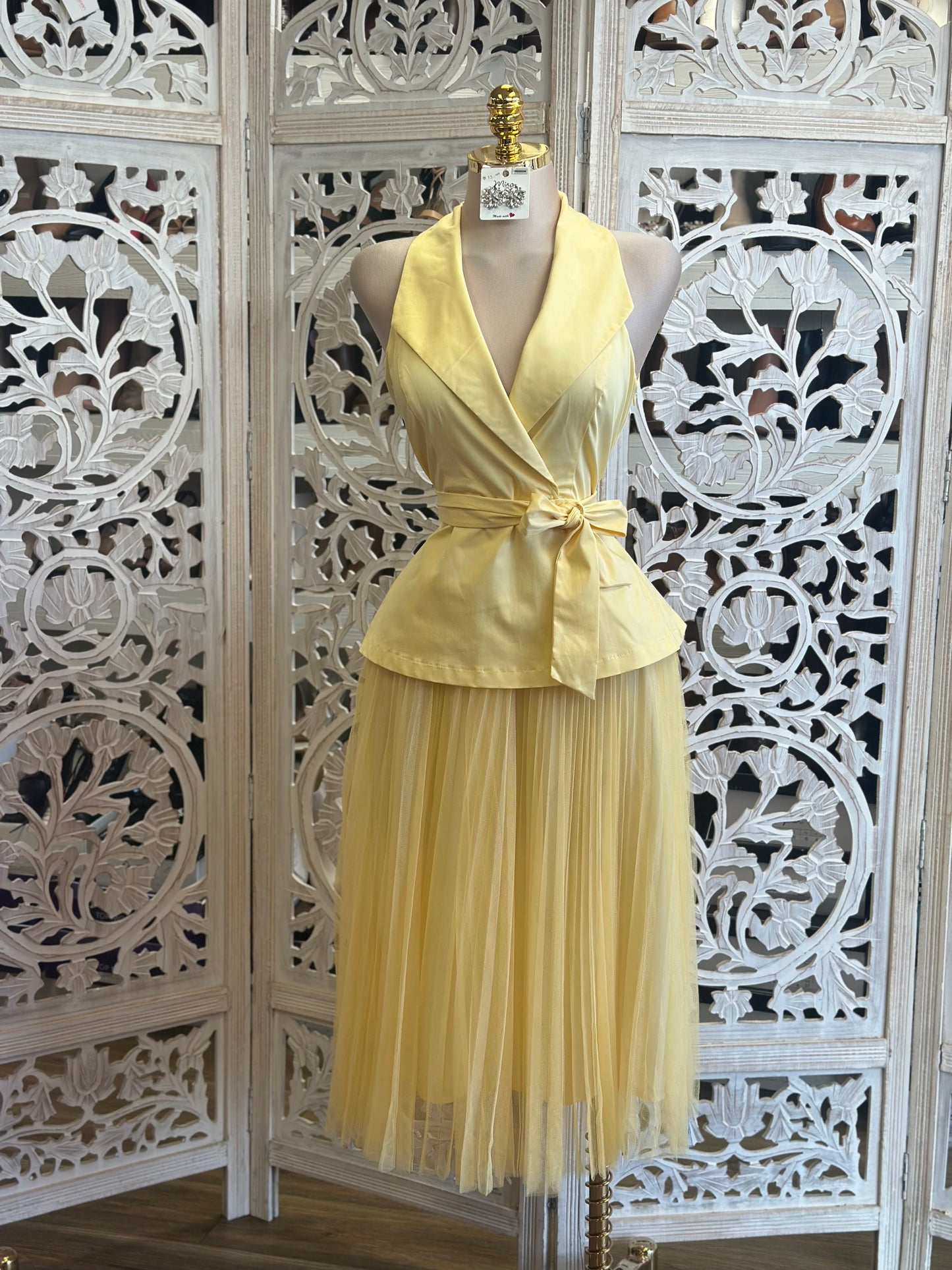 Butter Cream Tulle Wrapped Dress-Not Stretchy,No Estira