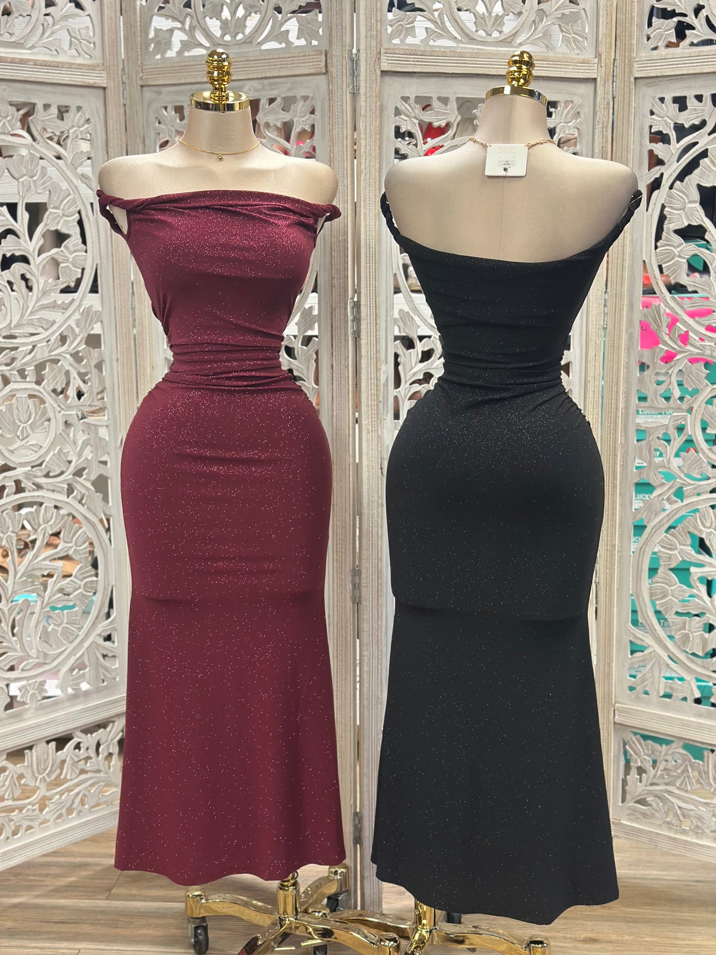 Sleek Off Shoulder Evening Dress- Stretchy,Estira