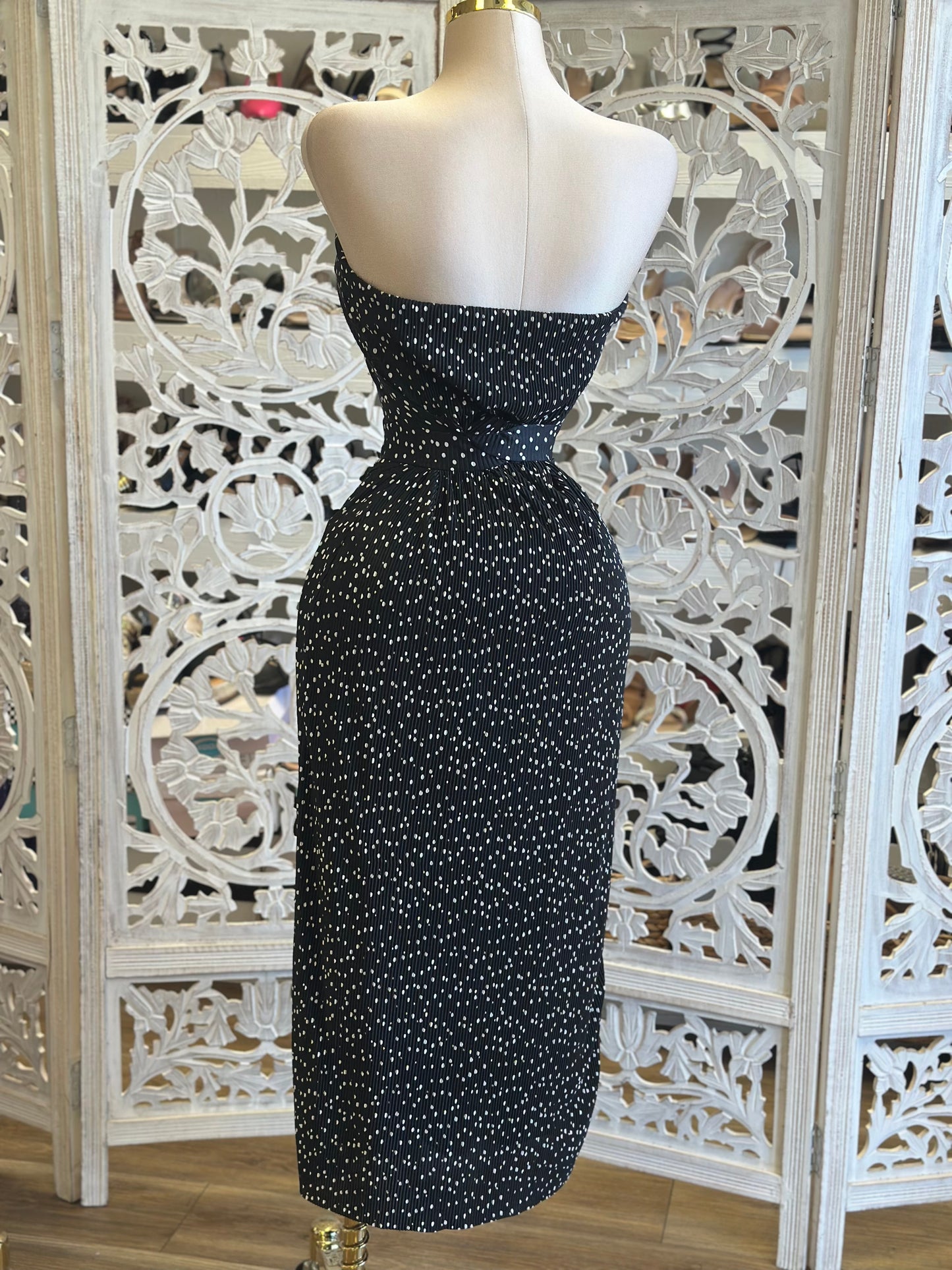 Polka Dot Pleated Strapless Dress-Estira, Stretchy