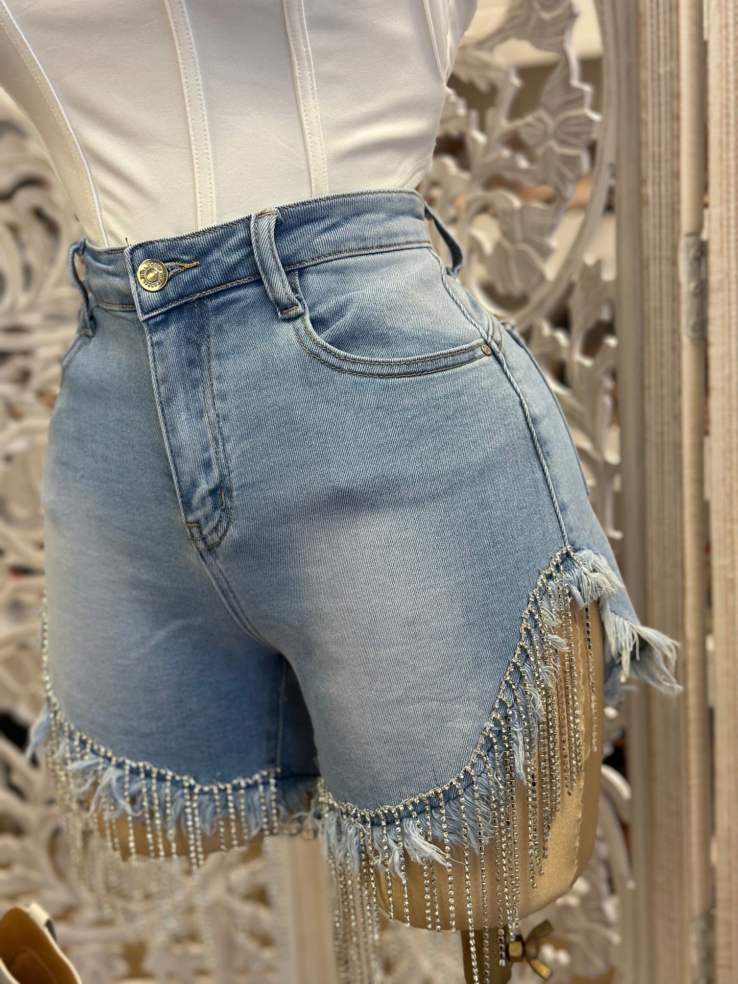 Rhinestone Fringe Distressed High Rise Shorts- Stretchy