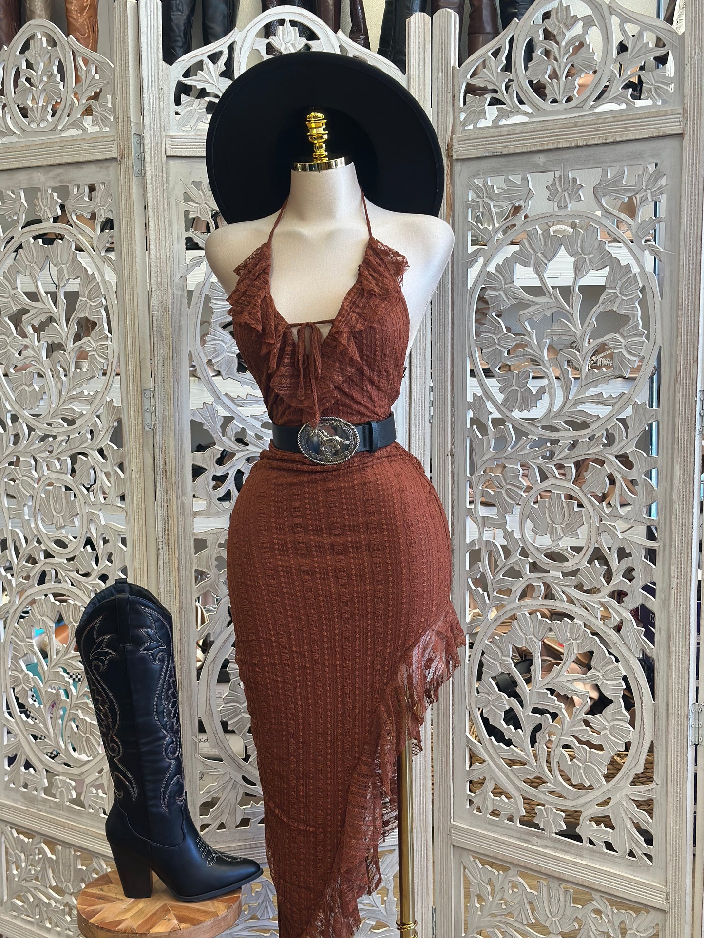 Rusty Brown Full Lace Midi Dress-Estira, Stretchy
