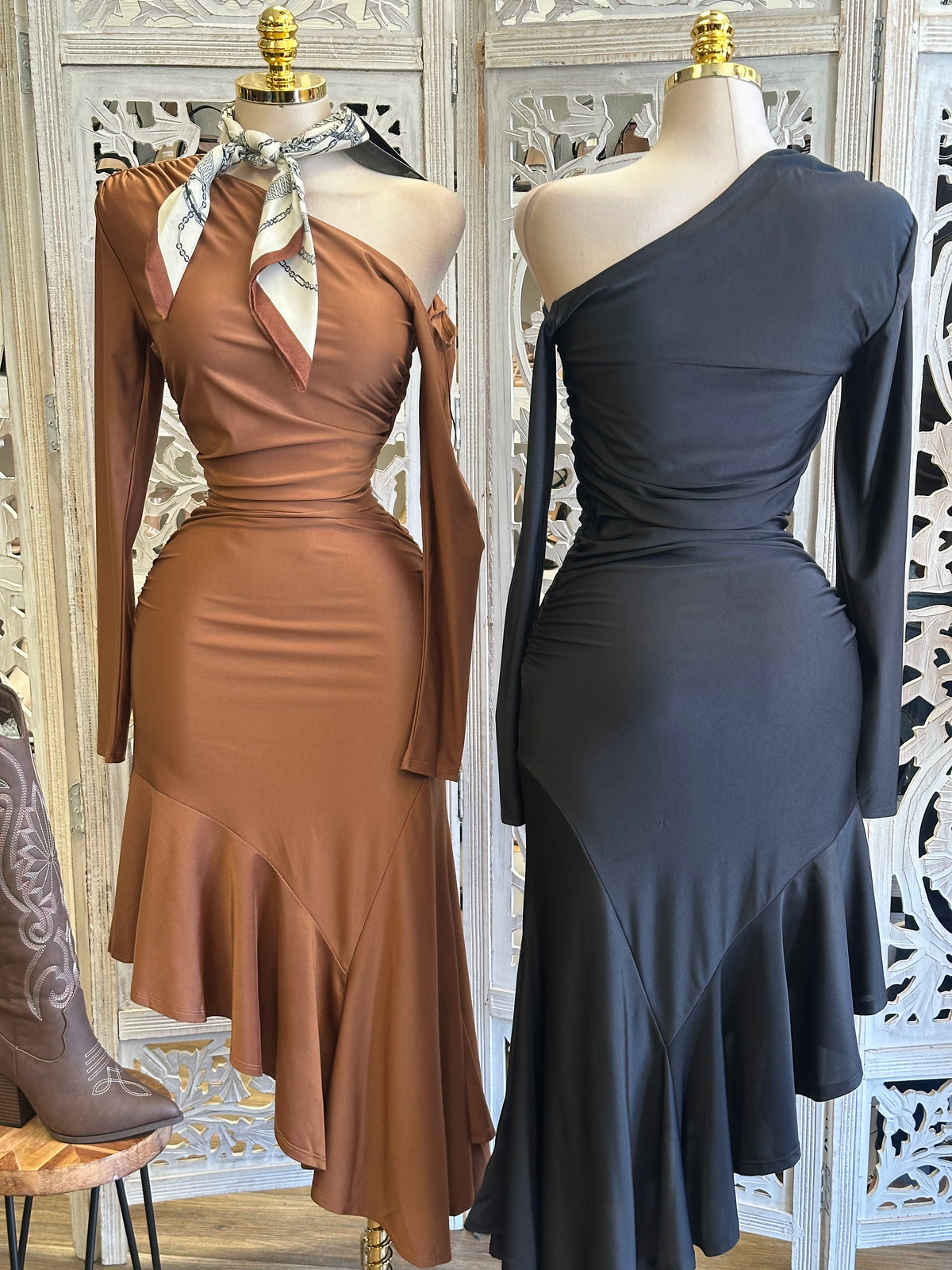 Bryony Asymmetric Flounce Dress- Estira, Stretchy