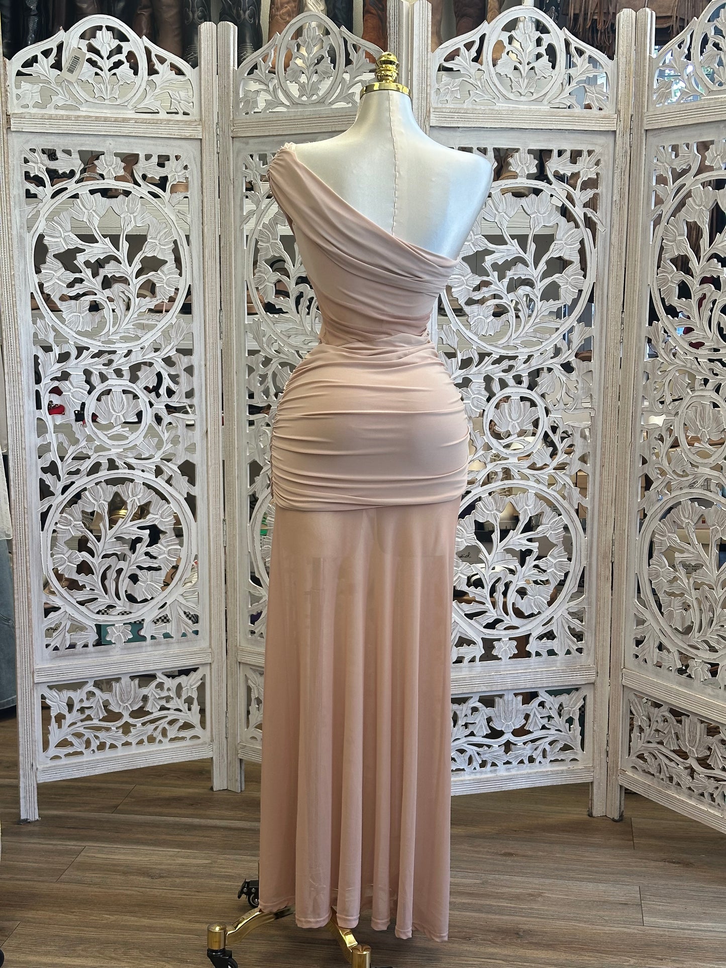 Pale Pink One Sleeve Dress - Estira, Stretchy