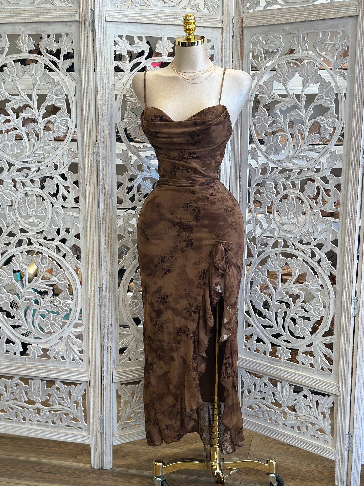 Earth Brown Floral Draped Ruffle Midi Dress-Estira, Stretchy