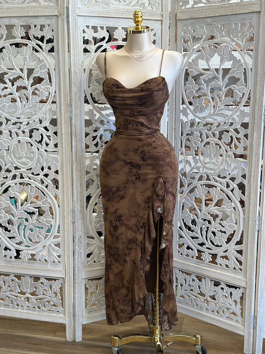 Earth Brown Floral Draped Ruffle Midi Dress-Estira, Stretchy