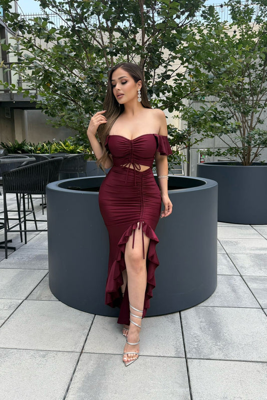 Burgundy Cutout Scrunched Dress- Stretchy, Estira