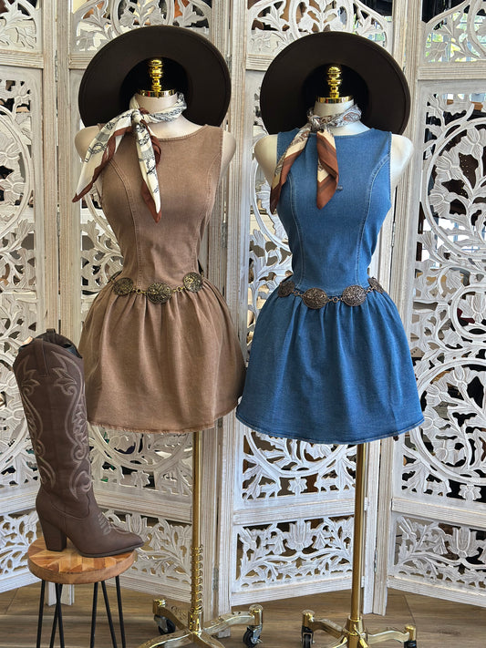 Honey Denim Mini Dress- Slightly Stretchy,Estira Poco