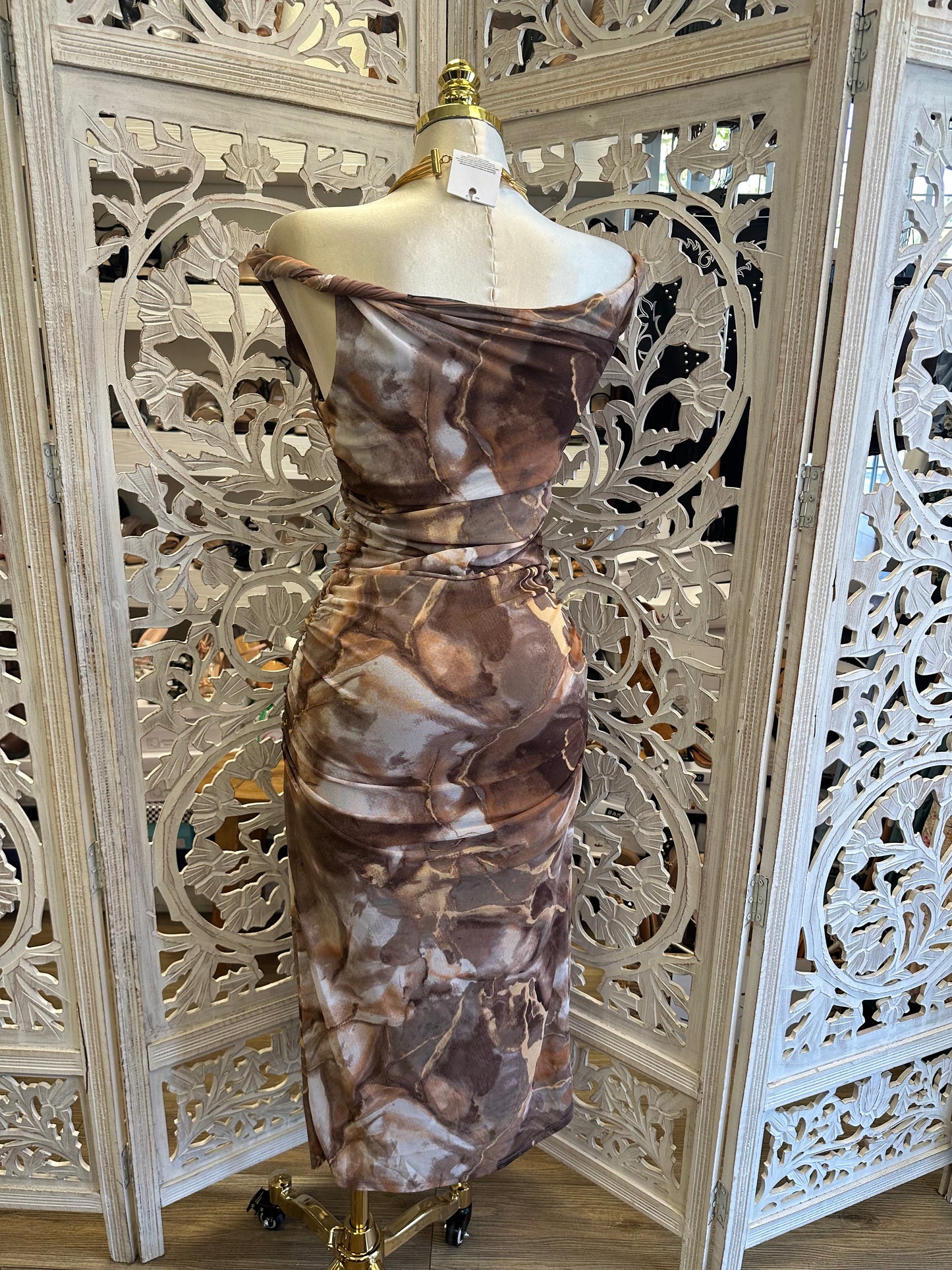 Abstract Marble Print Off-The-Shoulder Ruched Midi Dress -Stretchy,Estira