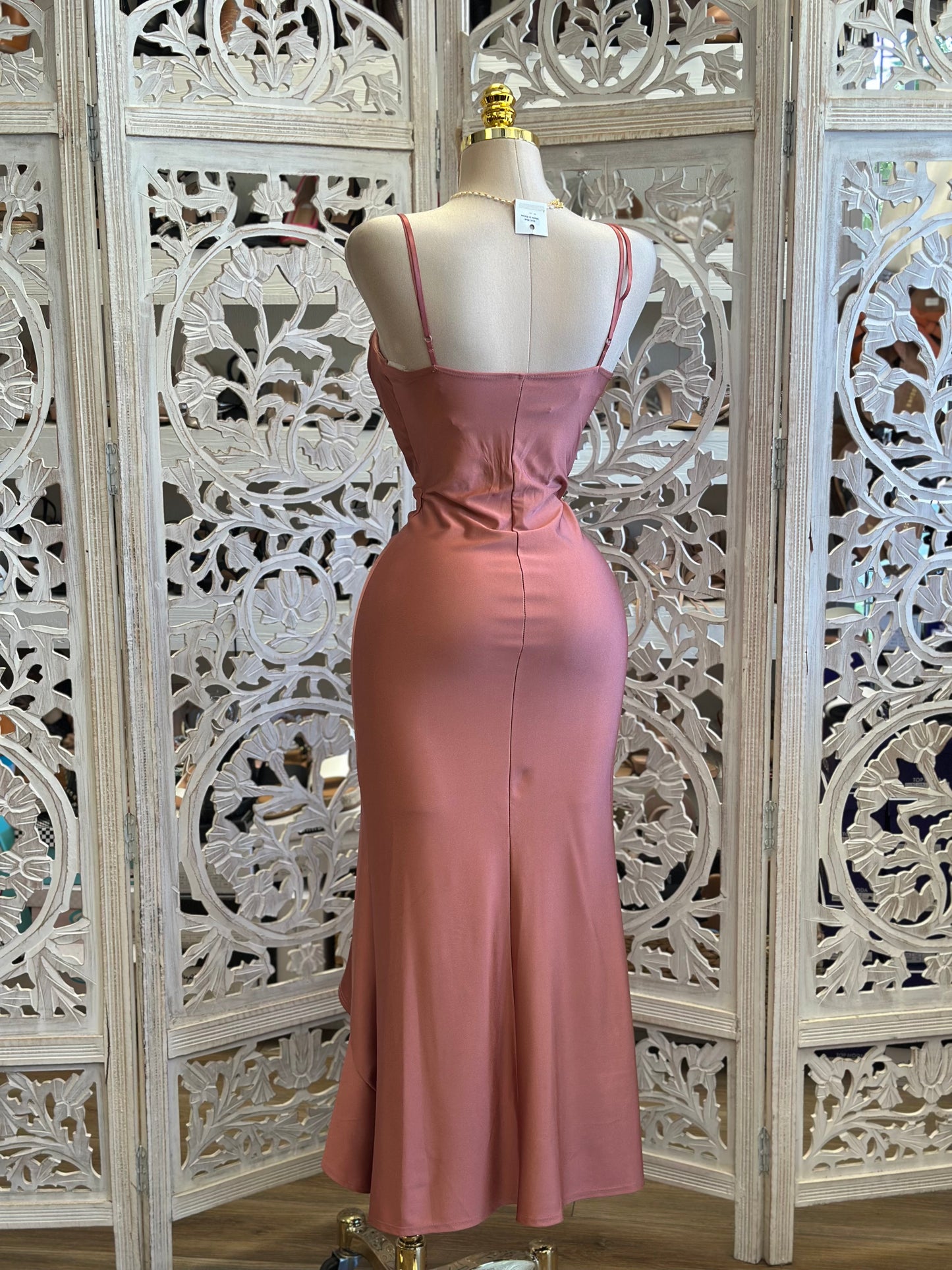 Candy Pink Ruffle Slit Cami Midi Dress - Estira, Stretchy