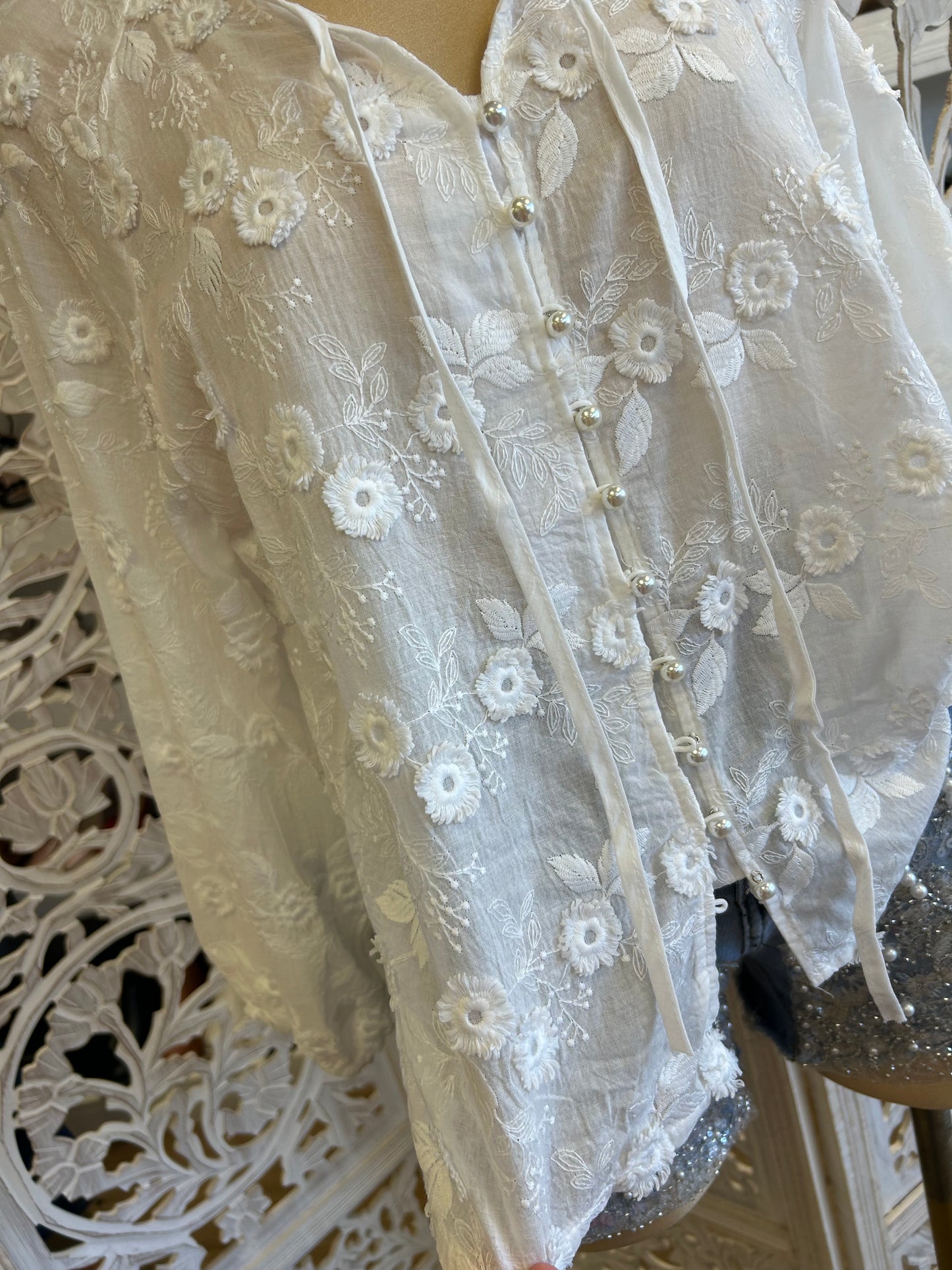 White Flower Embroidered Pearl Button Blouse- One Size