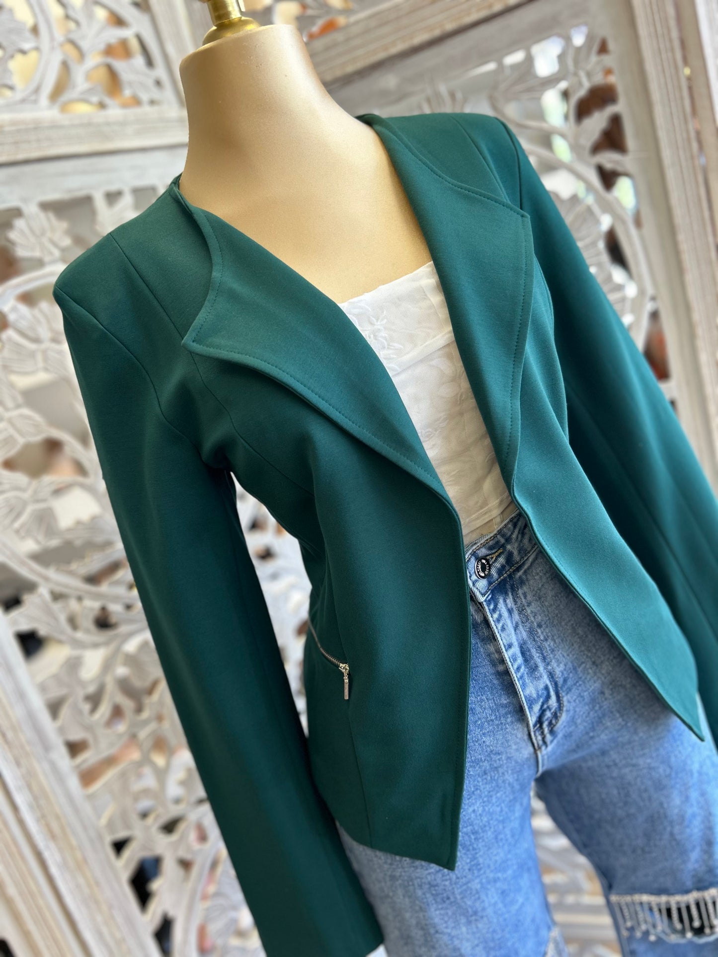 Hunter Green Zipper Pocket Blazer- Slightly Stretchy